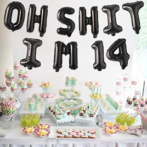 Vista 3 de Globos de látex de 16 pulgadas con texto en inglés "Oh I'm 14" Black Hallo Fourteen Cheers to 14 Years Old Theme Decor for Man Woman Happy 14th