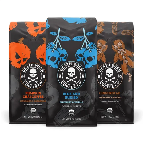 Vista 15 de Death Wish Coffee - Café molido orgánico de tostado medio, paquete de 6 Fair Trade Arabica & Robusta, Stone Fruit Caramel & Roasted Nut Notes