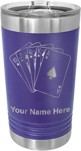Vista 10 de LaserGram Vaso de pinta aislado al vacío de 16 onzas, tarjetas de póquer Royal Flush con grabado personalizado incluido (negro)