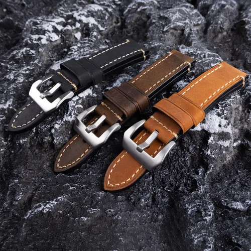 Vista 4 de Correa de reloj de pulsera de cuero genuino negro de 0.945 in para hombres con hebilla de acero inoxidable