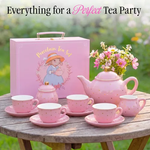 Vista 6 de Giggle & Honey® Juego de fiesta de té para niñas pequeñas, lunares dorados Rosa