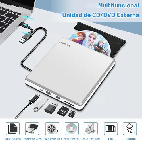 Vista 2 de Guamar Unidad de CD externa para Mac: Reproductor de quemador de DVD portátil para PC portátil con Windows 11 con ranura SD/TF 2 puertos USB - USB-C