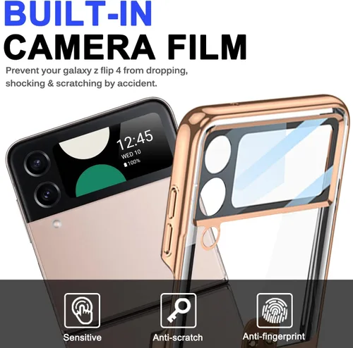 Vista 5 de Miimall Funda para Samsung Galaxy Z Flip 4 con soporte de anillo, Z Flip 4 con protector de pantalla de cámara de vidrio templado, funda