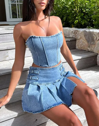 Vista 5 de Conjunto de minifalda sexy para mujer, con hombros descubiertos, tubo de corte bajo, ajustado, falda corta fruncida, traje Y2K, 2 piezas