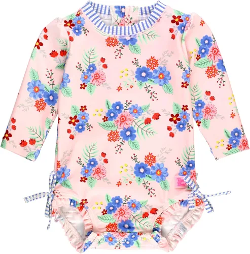 Vista 55 de RuffleButts - Traje de baño de una pieza con protección solar UPF 50+, camiseta de protección floral estampado, manga larga, con cierre zipper