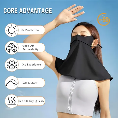 Vista 2 de Máscara facial de protección solar UPF 50+, polaina de cuello de seda de hielo, cubierta facial reutilizable UV, máscara refrescante transpirable