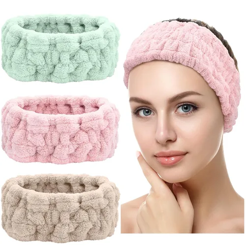Vista 8 de Chuangdi Diadema de spa de 3 piezas para mujer, diadema de maquillaje facial, diadema de tela de rizo suave para lavar, máscara facial, regalos