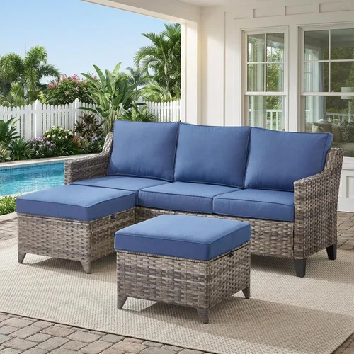Vista 68 de Belord Sofá de patio exterior acolchado de 3 asientos de lujo de 6 pulgadas Cojín de mimbre marrón/beige de 6 pulgadas
