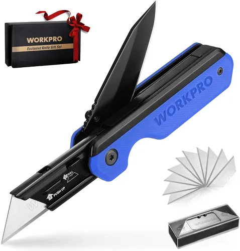 Vista 10 de WORKPRO Cuchillo plegable 2 en 1, cortador de caja de cambio rápido con clip para cinturón, bloqueo de revestimiento y mango G10, 10 cuchillas SK5