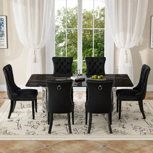 Vista 8 de Juego de mesa de comedor moderno para mesa de comedor de cristal de 6, 7 piezas, mesa de mármol sintético de 71 pulgadas con base de acero