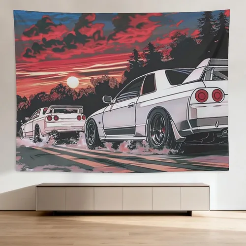 Vista 14 de QEOPGNE Tapiz de pared grande Jdm Anime Sunset Japanese Car S13, tapiz de pared para dormitorio, sala de estar, decoración estética, tapices de 30 x