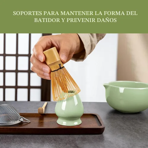 Vista 5 de YIBO Matcha Whisk Set, Matcha Kit Bamboo Whisk and Ceramic Bowl with Spout & Measuring Spoon & Cup, Japanese Ceremony Matcha Tea Making Tools Green