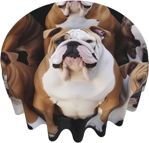 Vista 2 de Mantel redondo de 60 pulgadas impermeable con estampado de bulldogs ingleses, mantel circular para cocina, comedor, arrugas, mantel redondo