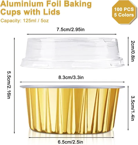 Vista 2 de RETON 100 tazas de papel de aluminio para hornear, mini moldes para pasteles con tapas, moldes de papel de aluminio de 5 onzas para cupcakes, moldes