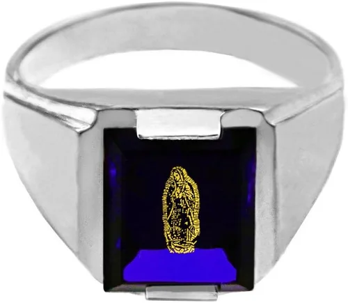 Vista 2 de Anillo de plata de ley 925 con piedra azul cuadrada y Nuestra Señora de Guadalupe para hombre