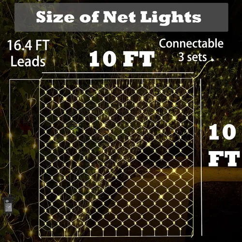Vista 3 de Luces de red LED, 270L 10×10 pies luces de malla al aire libre para patio, pérgolas 270 luces LED de red de 10 × 10 pies conectables