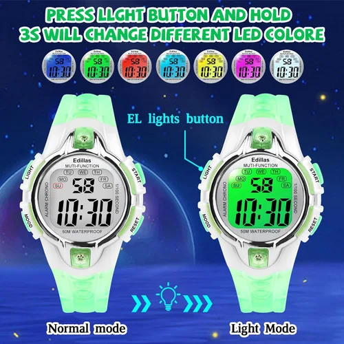 Vista 3 de Edillas Relojes digitales para niñas y niños, reloj de pulsera de 7 colores para niños, impermeable, deportivo, al aire libre, multifuncional