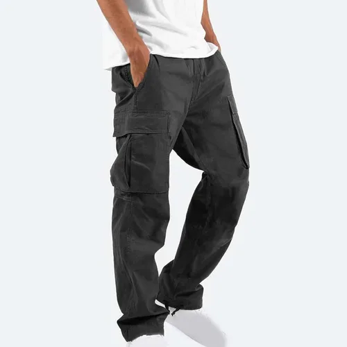 Vista 3 de Aymnlox Pantalones cargo para hombre, holgados, grandes y altos, de lino, con cordón, casual, senderismo, atlético, recto, con bolsillo #A01-Negro