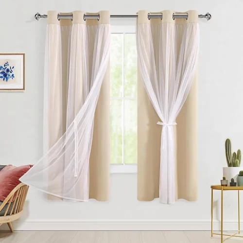 Vista 98 de Hiasan Cortinas opacas con superposición transparente, aislamiento térmico para mezclar y combinar de doble capa, cortinas de oscurecimiento de Beige