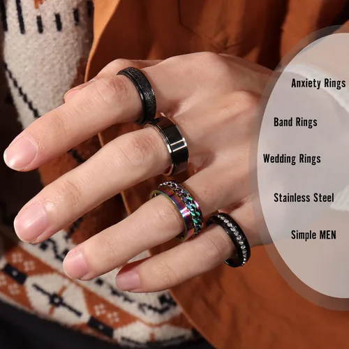 Vista 2 de Besteel 16 anillos de acero inoxidable para hombres y mujeres, anillos para aliviar la ansiedad, cadena fresca, bordes biselados, banda negra celta