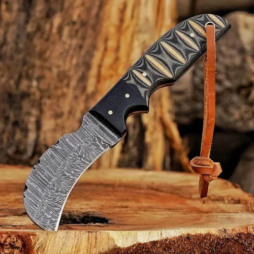 Vista 3 de Cuchillo de Hawkbill de Lineman hecho a mano de acero 1095 con funda de cuero, cuchillo de utilidad resistente para electricistas y pelado de cables