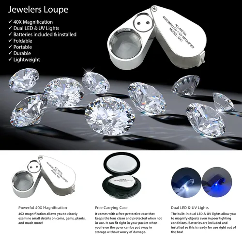 Vista 2 de Pineapple 40X Lupa para joyeros con luz, lupa de aumento UV iluminada con luz LED, lupa de bolsillo de metal iluminada con LED para joyería