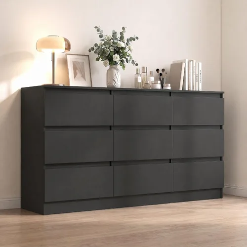 Vista 10 de Cómoda negra para dormitorio, cómoda moderna de 6 cajones con cajón profundo, amplia cómoda de almacenamiento, organizador de muebles