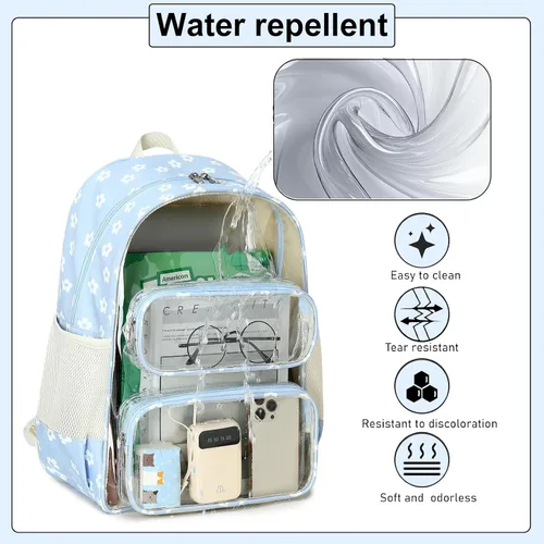 Vista 30 de CAMTOP Mochila transparente resistente y transparente para estudiantes, escuela, trabajo, festival, viajes, deportes, Beige, Mediana, Camtop Mochila