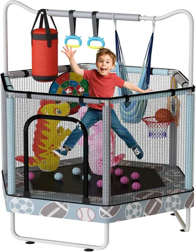 Vista 20 de LAMERGE Trampolín redondo 7 en 1 de 55 pulgadas para niños y niñas de 1 a 8 años, trampolín para interiores y exteriores para diversión, barandilla