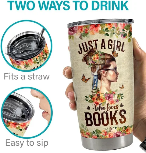 Vista 7 de SANDJEST Vaso Tumbler de Libros 20oz Just A Girl Who Loves Books Tumblers Taza de Viaje para Café Regalos para Amantes de los Libros para Mujeres