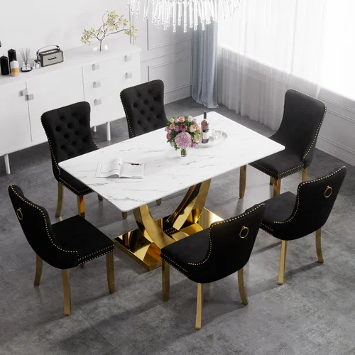 Vista 12 de Juego de mesa de comedor de cristal moderno de mediados de siglo para 4, 63 pulgadas, juego de comedor rectangular grande de lujo con parte superior