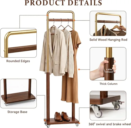 Vista 4 de Brand Perchero de madera maciza con ruedas independiente, entrada dormitorio sala de estar, combinación de madera de metal, ropa ropa bufanda