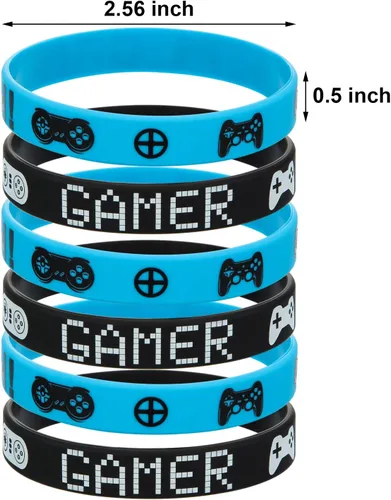 Vista 2 de JOVITEC 48 bandas para recuerdos de fiesta de juegos, pulsera de goma para videojuegos, suministros de pulseras de fiesta de video (azul, negro)
