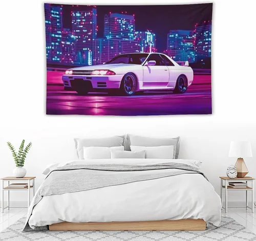 Vista 5 de PailailaiNest Arte de pared Jdm Car White R32 Neon City Night Scene Estética Tapiz colgante de pared para dormitorio, decoración de pared del hogar