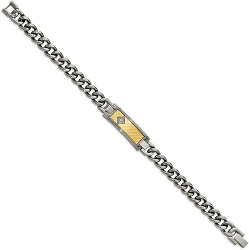 Vista 3 de Stainless Steel with 18k Polished Weave Textured Diamond ID Bracelet