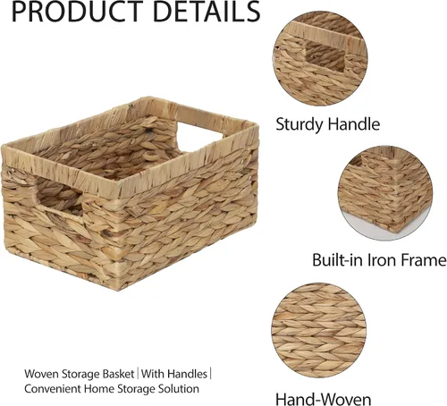 Vista 9 de Caja de cesta tejida de jacinto de agua natural rectangular con asa, Kingwillow. (Pequeño)