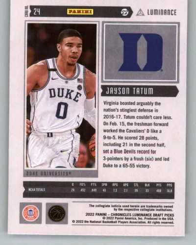 Vista 2 de Panini Chronicles Draft Picks Luminance Bronze #24 Jayson Tatum Duke Blue Devils - Tarjeta de intercambio de baloncesto 2022-23