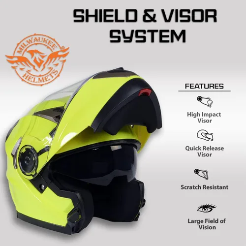 Vista 5 de Cascos Milwaukee MPH9809DOT Ionized Amarillo Neón Avanzado Casco Modular de Motocicleta para Motociclista con Visera Desmontable
