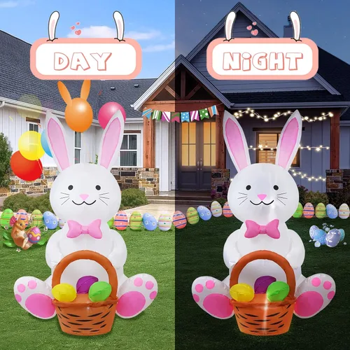 Vista 5 de [Usado] Conejo de 5 pies con una cesta de flores, decoración inflable de Pascua para patio, conejo de Pascua inflable con cesta iluminada