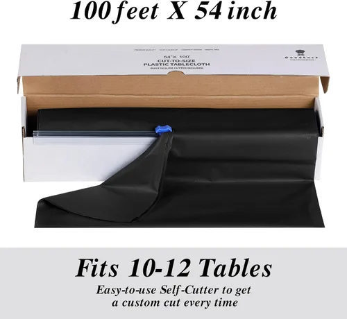 Vista 4 de Goodluck Rollos de mantel de plástico de 54 pulgadas x 100 pies con caja de corte, mantel desechable negro, mantel de plástico para fiesta