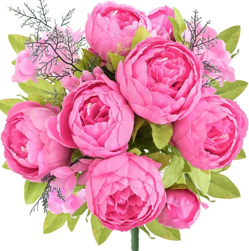 Vista 19 de Ramo de peonías artificiales – Juego de 2 tallos de flores de seda sintética – Ramos listos para el estilo para bodas, decoración del hogar, eventos