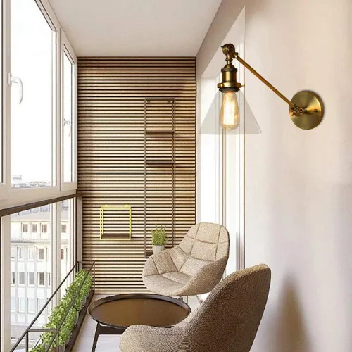 Vista 3 de Iluminación de pared industrial vintage de 1 luz con pantalla de vidrio transparente con brazo oscilante ajustable, lámpara de pared de cabecera