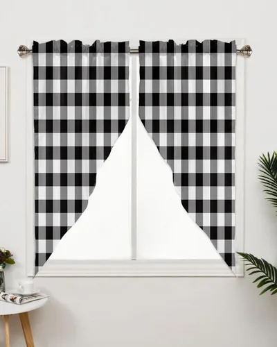 Vista 3 de Cenefas con festón a cuadros en blanco y negro para ventanas, cortinas de cocina estilo granja de 36 pulgadas de largo, juego de 2 paneles, cortinas