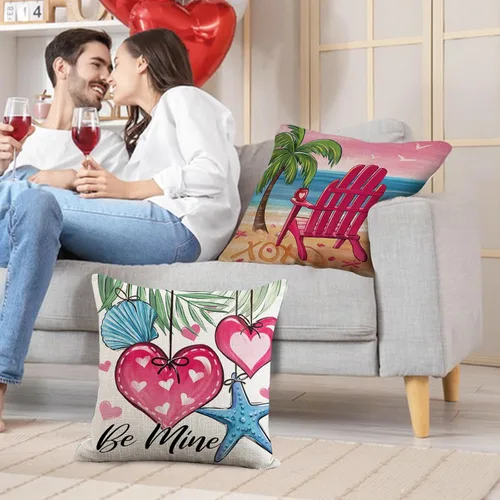 Vista 5 de Juego de 4 fundas de almohada decorativas para el día de San Valentín, playa, de 16 x 16 pulgadas, para silla de camión costera, con corazones