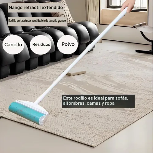 Vista 3 de Rodillo de pelusa grande reutilizable de 8 pulgadas, removedor de pelo de mascotas adhesivo lavable con mango largo extensible retráctil, gran