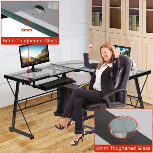 Vista 4 de Vnewone Escritorio de computadora para juegos, oficina, escritorio en forma de L, escritorio en esquina, negro, para estudiantes, oficina en casa
