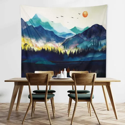 Vista 3 de RosieLily Tapiz de montaña, 51 x 59 pulgadas, acuarela natural, bosque brumoso y paisaje de puesta de sol para dormitorio