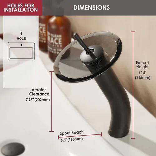 Vista 2 de Grifo de Baño de Cascada de Vidrio con Mango Único de Latón Macizo para Lavabo Lavatorio Vessel Sink Vanity, Alto, Negro