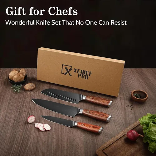 Vista 7 de Juego de cuchillos de cocina, 3 piezas japoneses de acero inoxidable de alto carbono, cuchillos de cocina de chef profesional ultra afilados Santoku