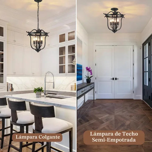 Vista 4 de Candelabro negro de granja, 4 lámparas de techo para comedor Lámpara colgante de jaula vintage para comedor, cocina, entrada, pasillo, vestíbulo